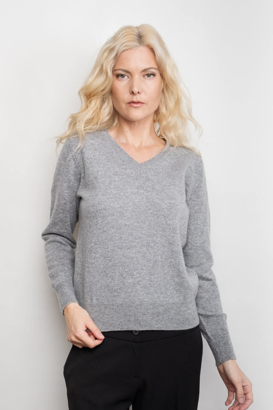 Signature Metro Cashmere Rib V-Neck Sweater - Grey