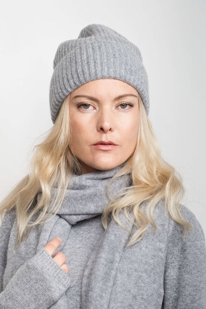 Cashmere Unisex Striped Beanie - Grey